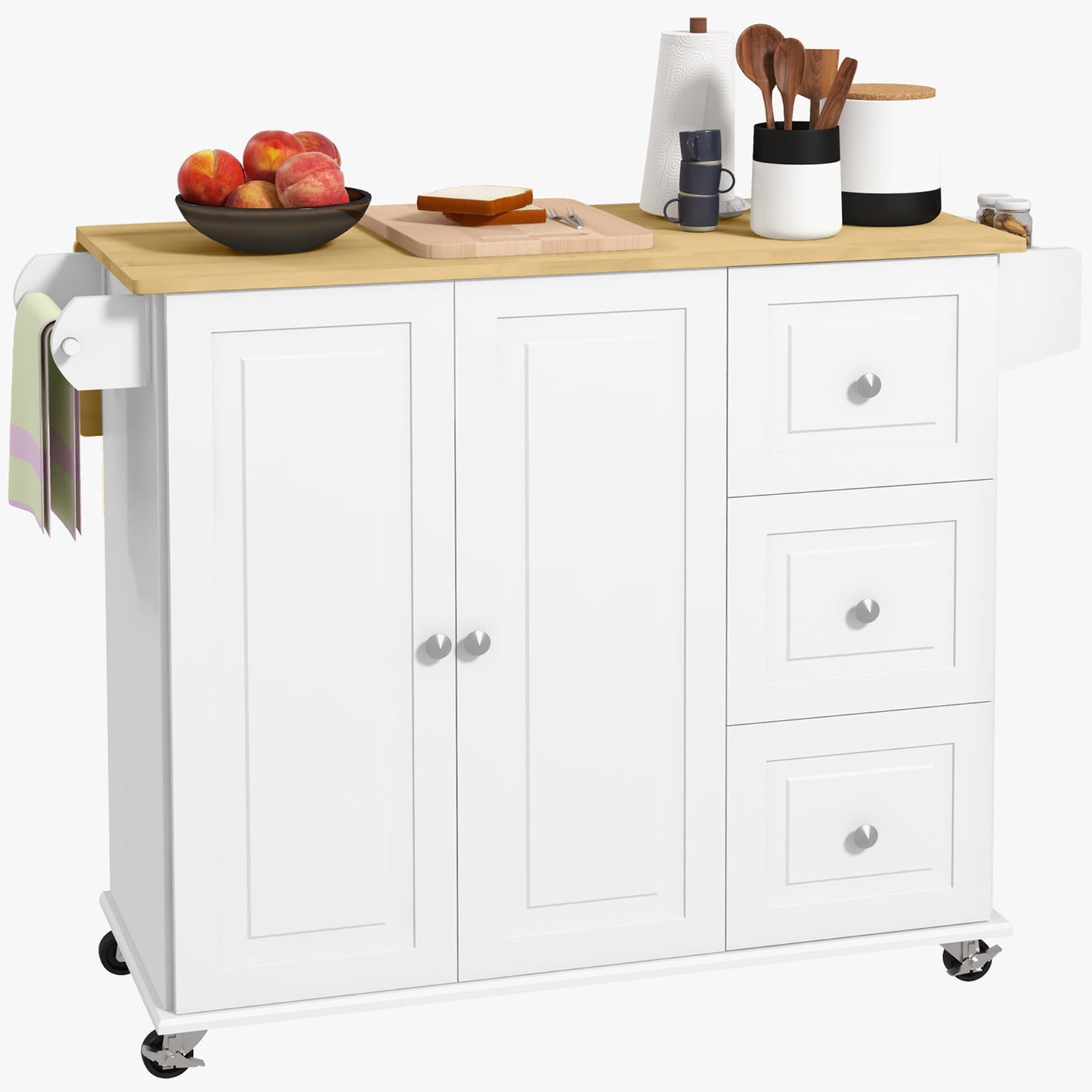 Kitchen Island on Wheels, Kitchen Cart with Drop Leaf, White