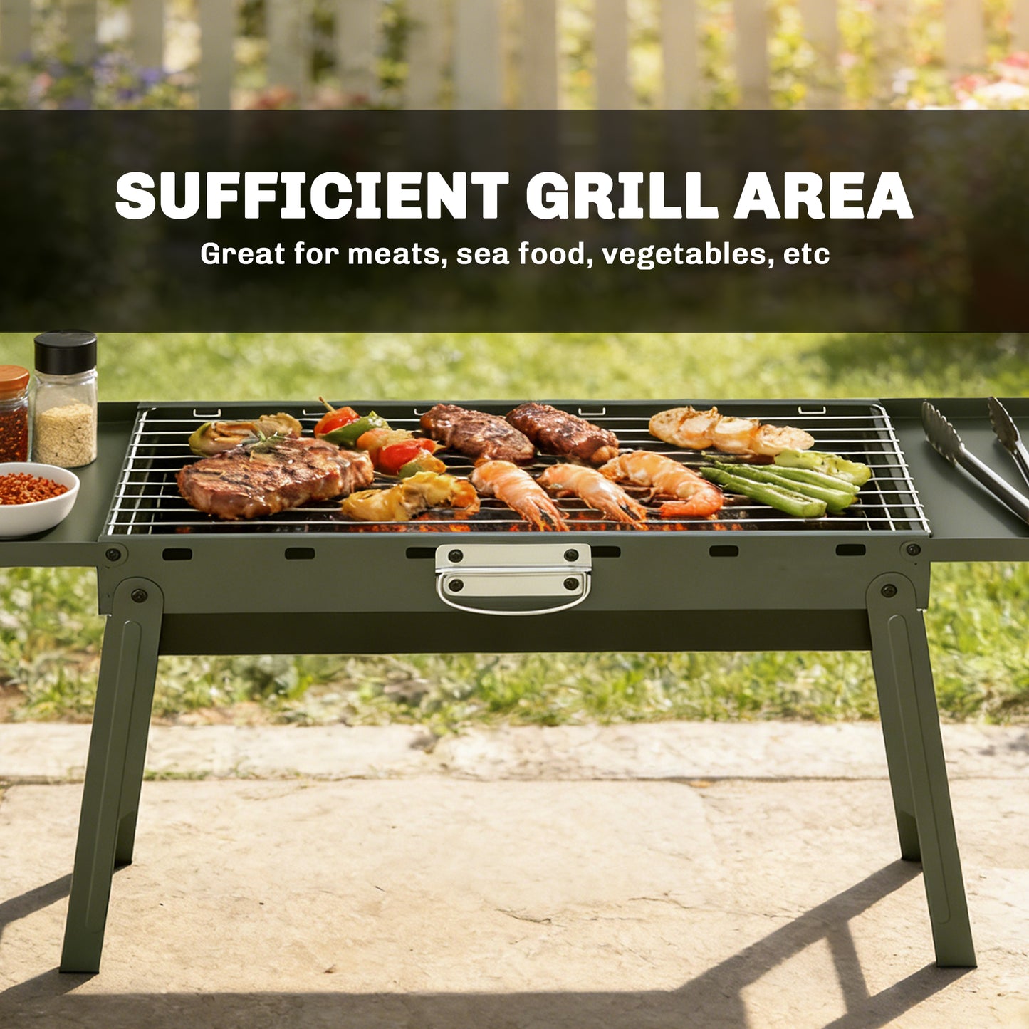 BBQ Grill, Charcoal Barbecue with 2 Side Shelves and Handle, Green