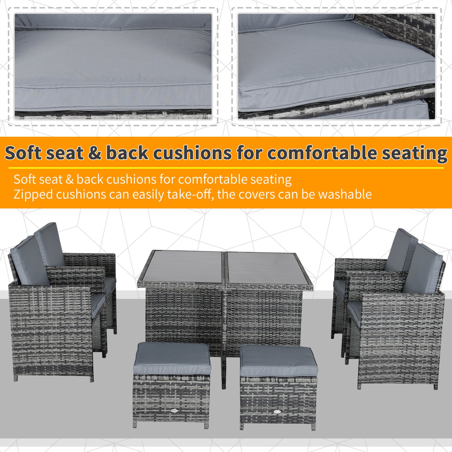 Outsunny 9 Pieces PE Rattan Cube Garden Furniture Set with Cushions, Outdoor Rattan Dining Set with 4 Armchairs, 4 Stools, and Tempered Glass Top Table for Space Saving, Grey