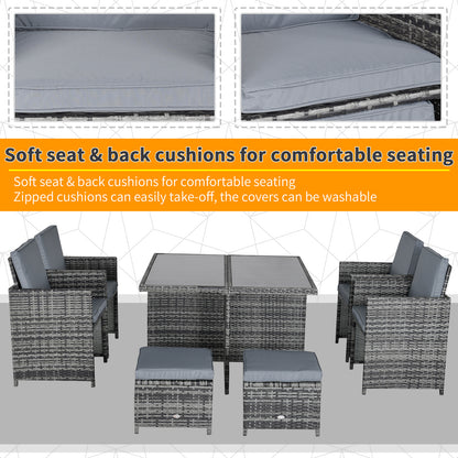 Outsunny 9 Pieces PE Rattan Cube Garden Furniture Set with Cushions, Outdoor Rattan Dining Set with 4 Armchairs, 4 Stools, and Tempered Glass Top Table for Space Saving, Grey