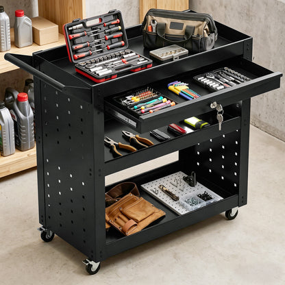 3-Tier Shelf Tool Cart with Pegboards and Drawer, Storage Trolley Wheel Cart with Brakes for Garage Workshop Warehouse, Black