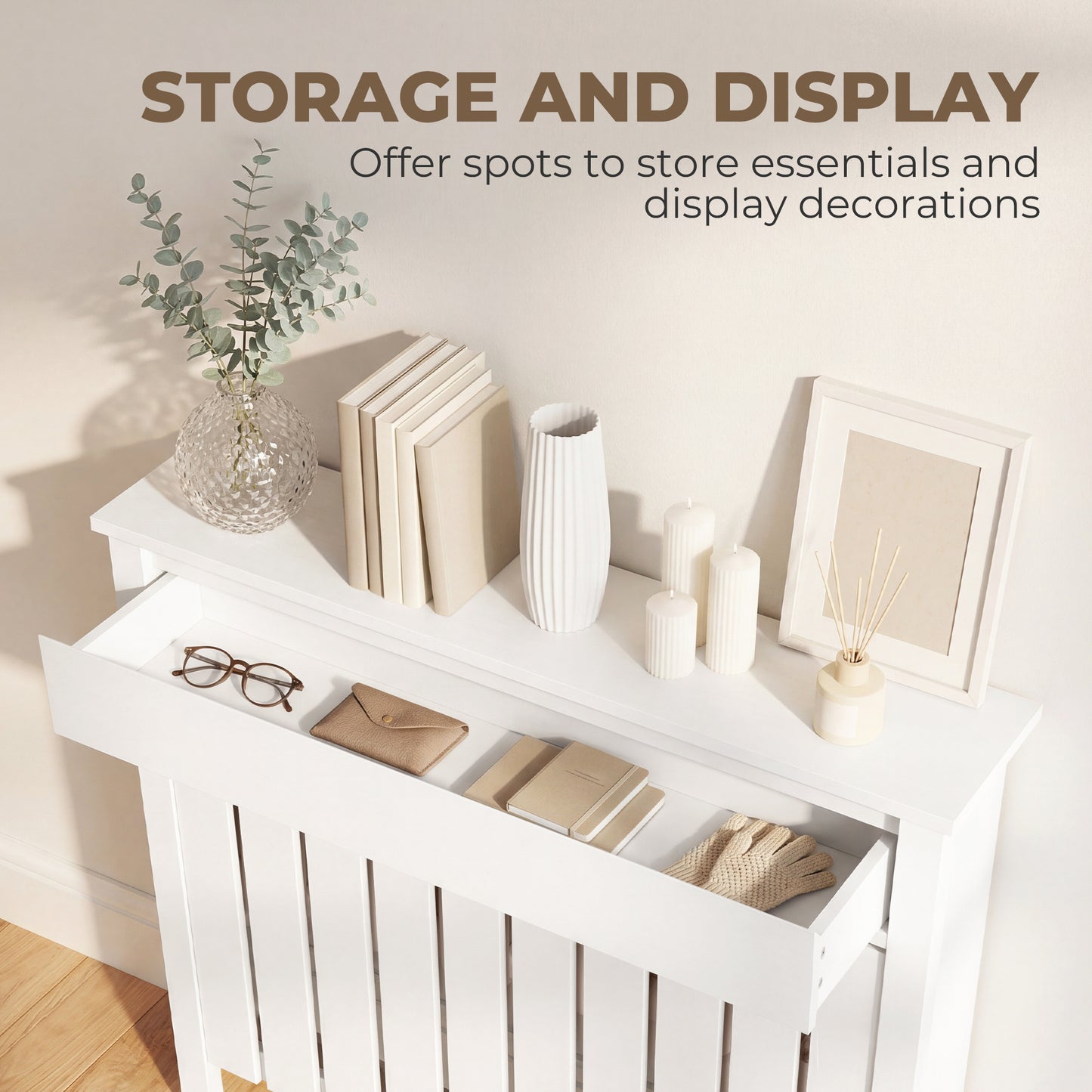 Radiator Cover with Drawer and Vertical Slats White