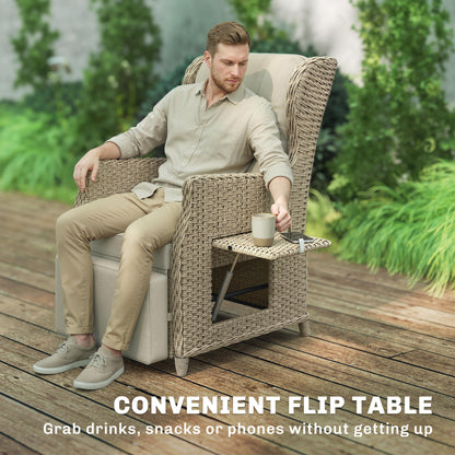 Rattan Garden Recliner Chair with Flip Table, Brown