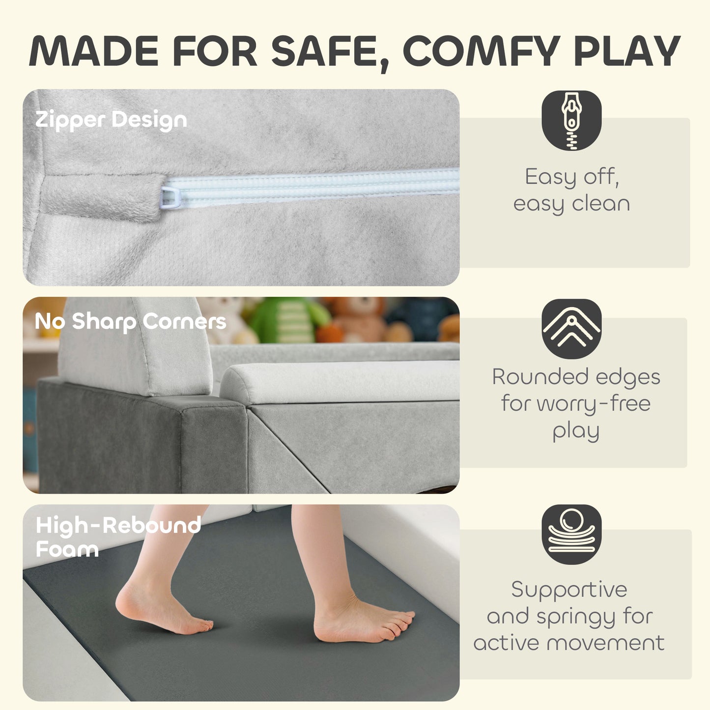 Kids Play Sofa, 12 Pieces Foam Modular Convertible Sofa, Grey