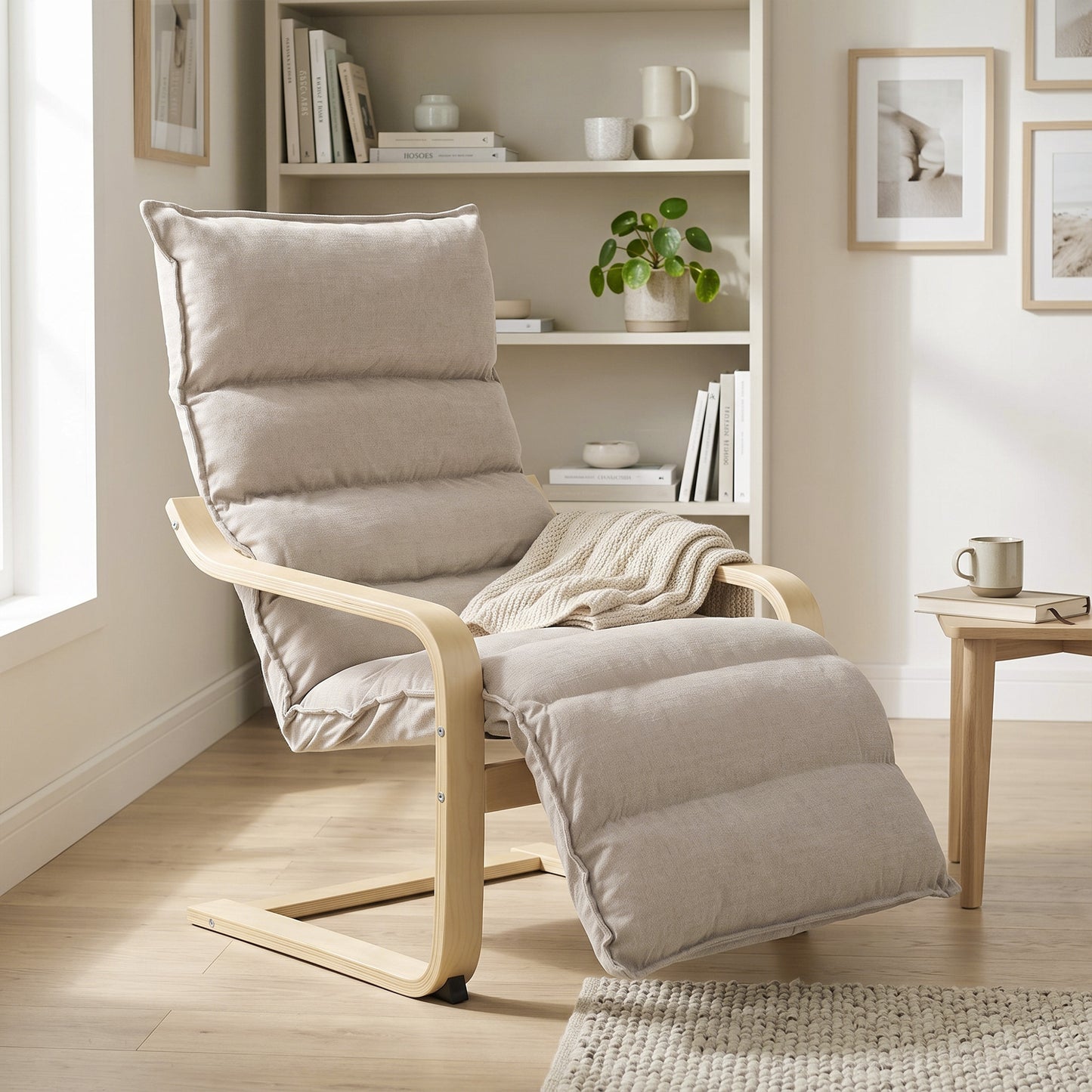 Lounge Chair with Wooden Frame for Living Room, Bedroom, Light Brown