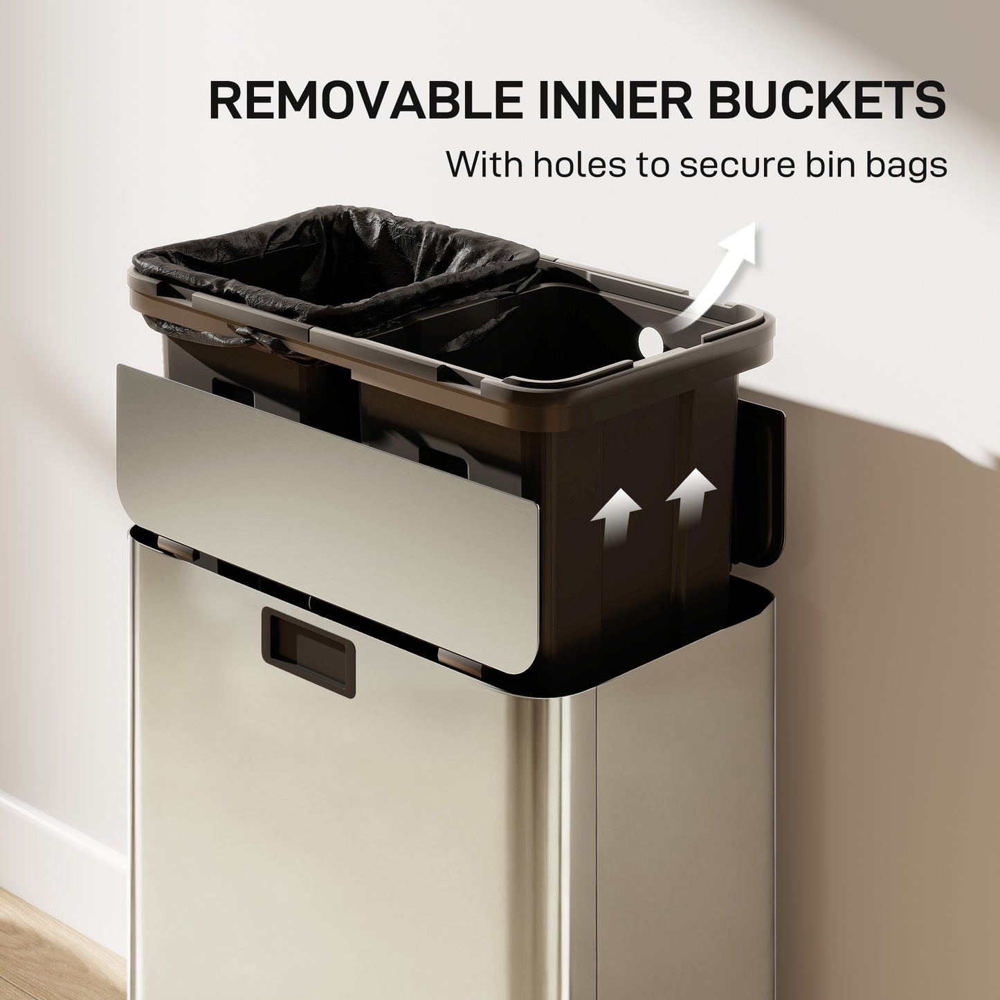 56L Dual Kitchen Bin with Removable Inner Buckets for Recycling and Waste