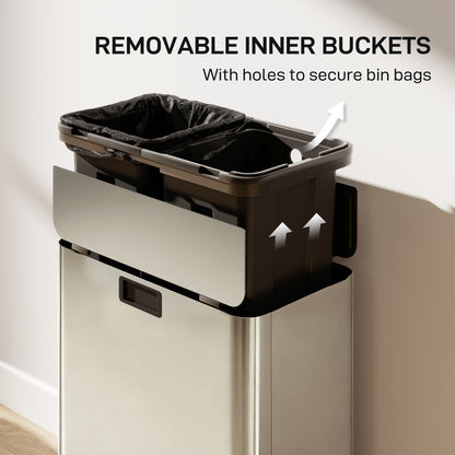 56L Dual Kitchen Bin with Removable Inner Buckets for Recycling and Waste