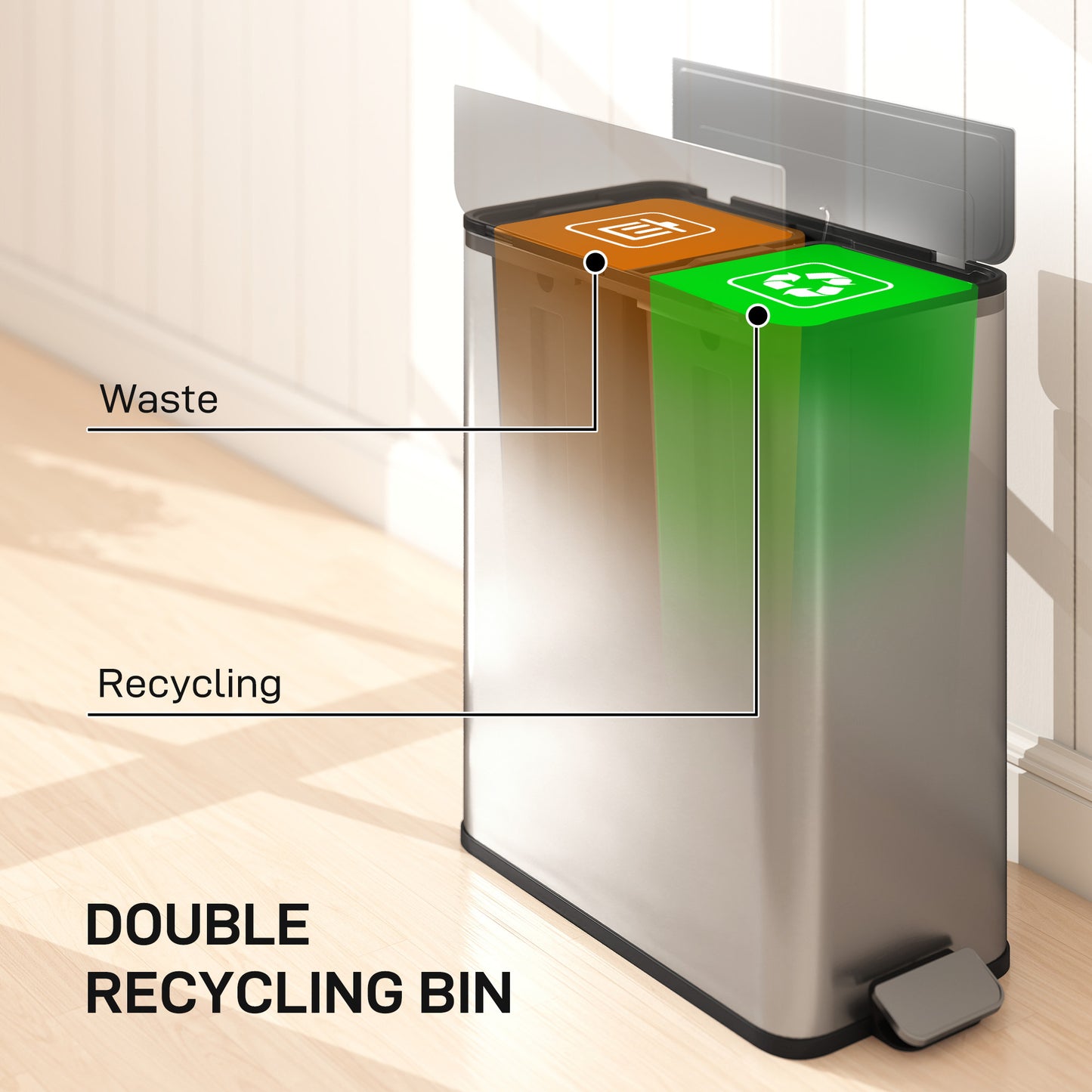 56L Dual Kitchen Bin with Removable Inner Buckets for Recycling and Waste