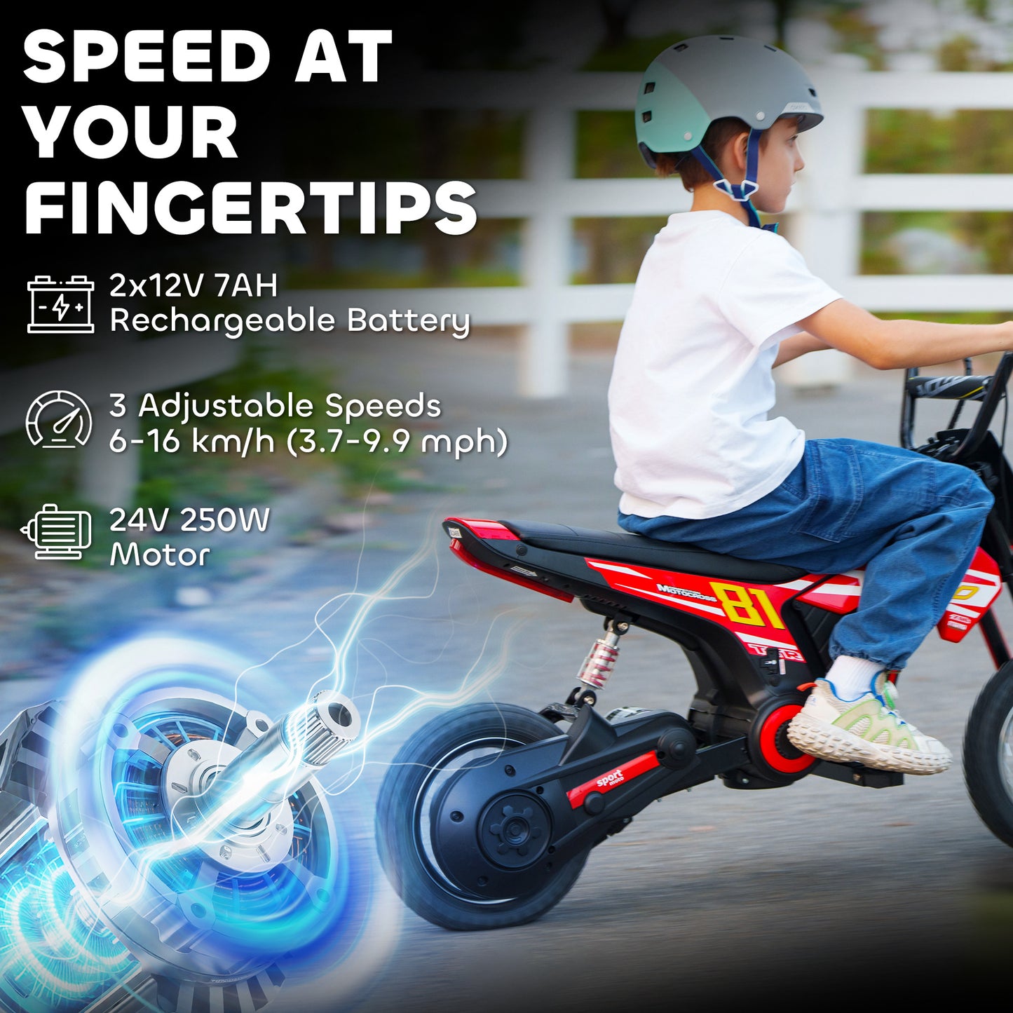 Kids Electric Motorbike, 24V Battery Powered Dirt Bike with 250W Motor, 6-16km/h, 7AH Batteries, 12" Inflatable Tires and Rear Suspension, Ride On Motorcycle for 8-12 Years Old, Red