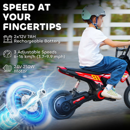 Kids Electric Motorbike, 24V Battery Powered Dirt Bike with 250W Motor, 6-16km/h, 7AH Batteries, 12" Inflatable Tires and Rear Suspension, Ride On Motorcycle for 8-12 Years Old, Red