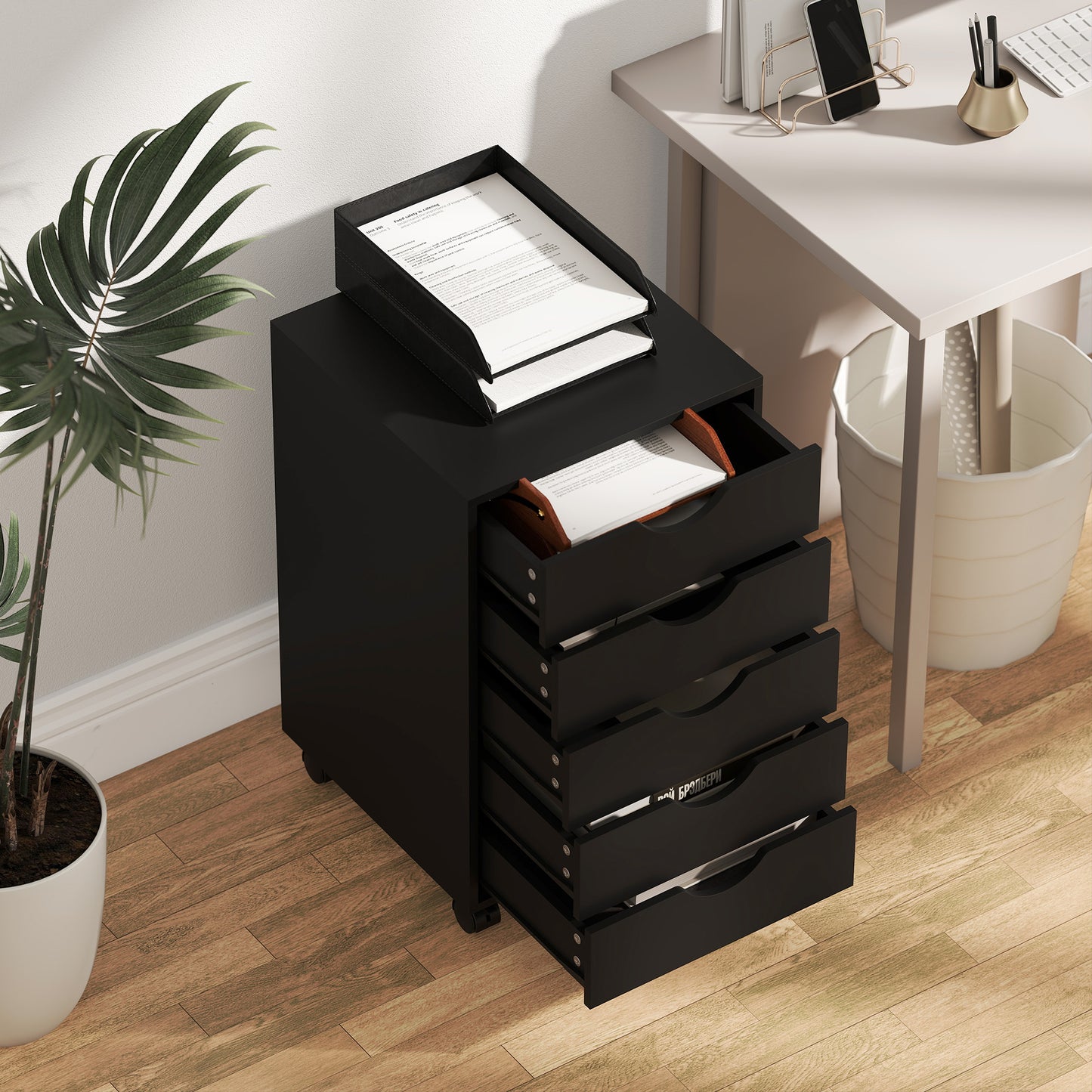Mobile Vertical Filing Cabinet with 5 Drawers for Home Office, Black