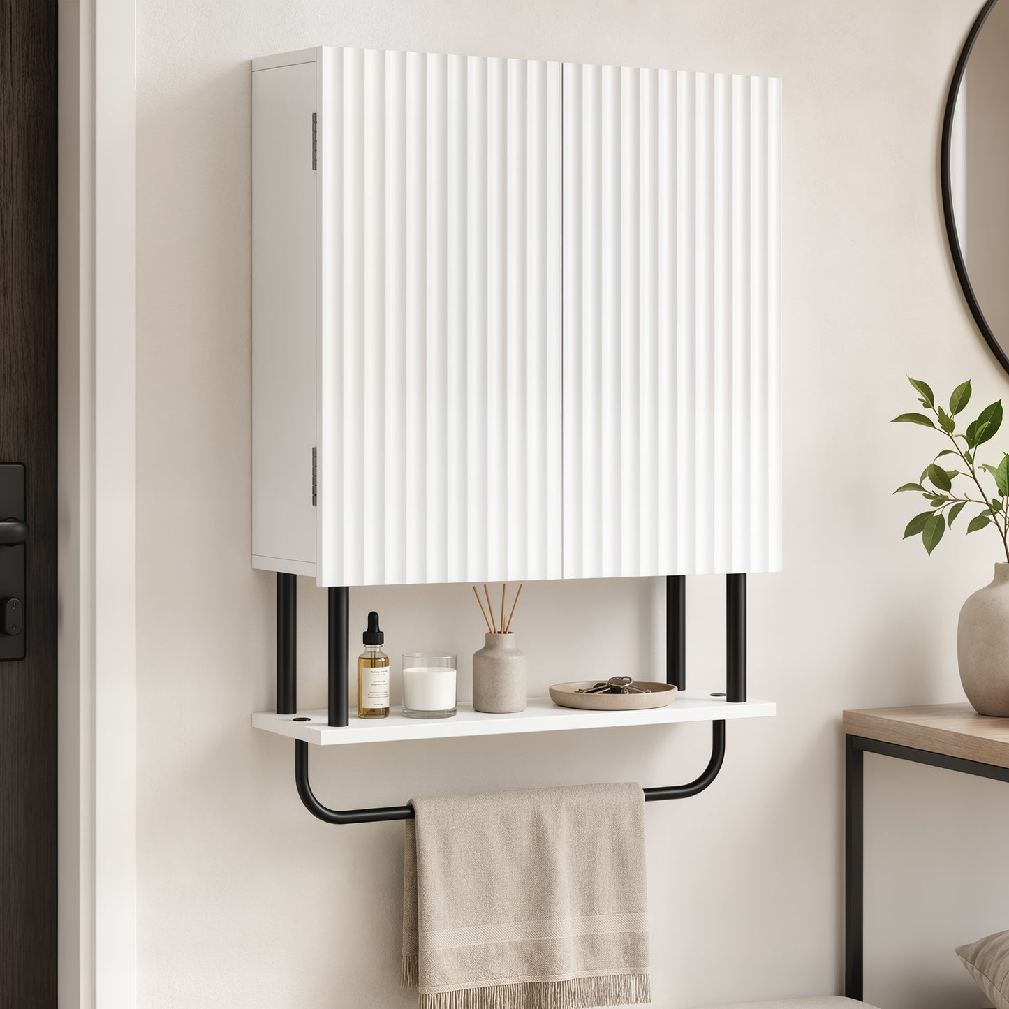 Modern Bathroom Wall Cabinet with 2 Wavy Doors White