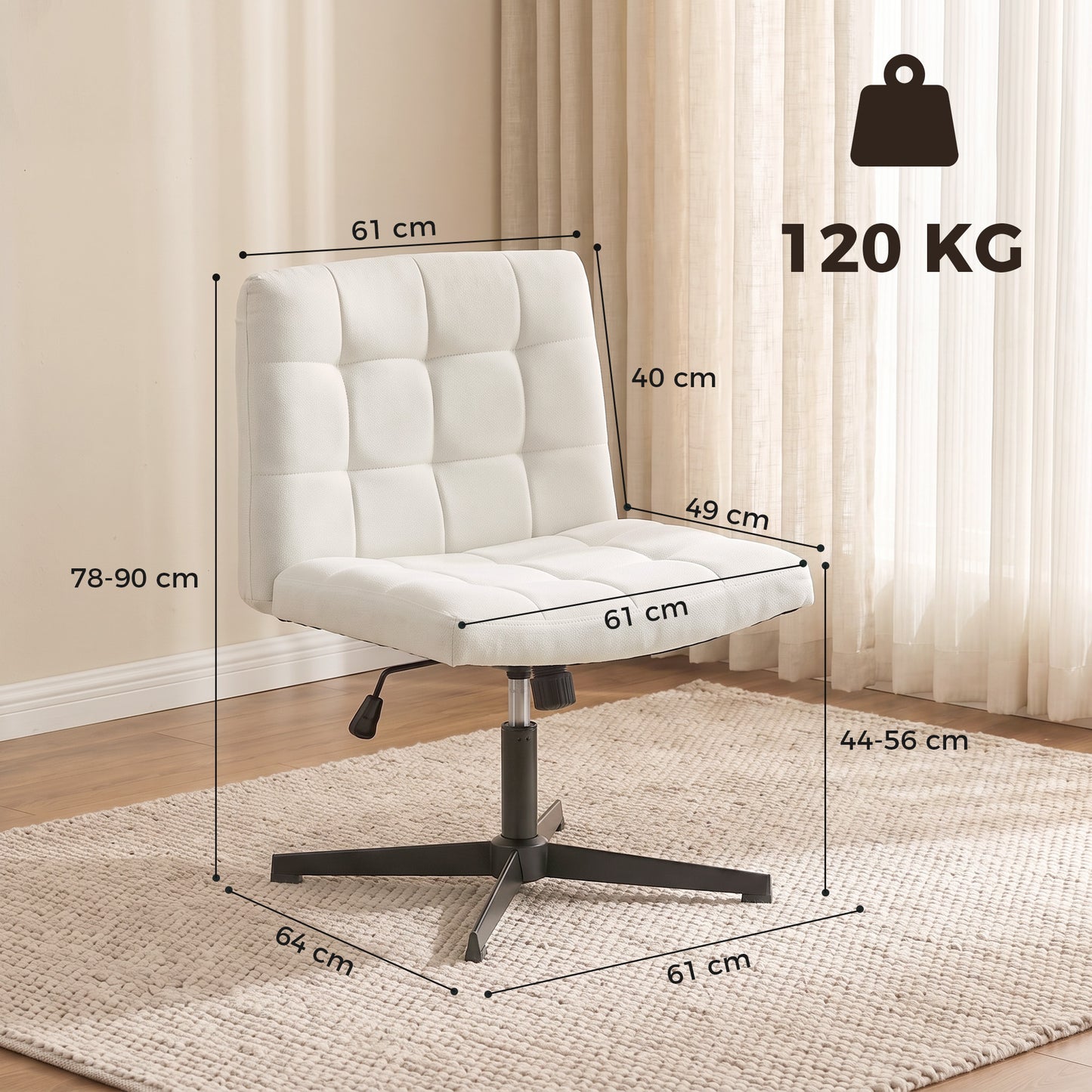 Armless Office Chair, Cross Legged Vanity Chair with Wide Seat, Beige