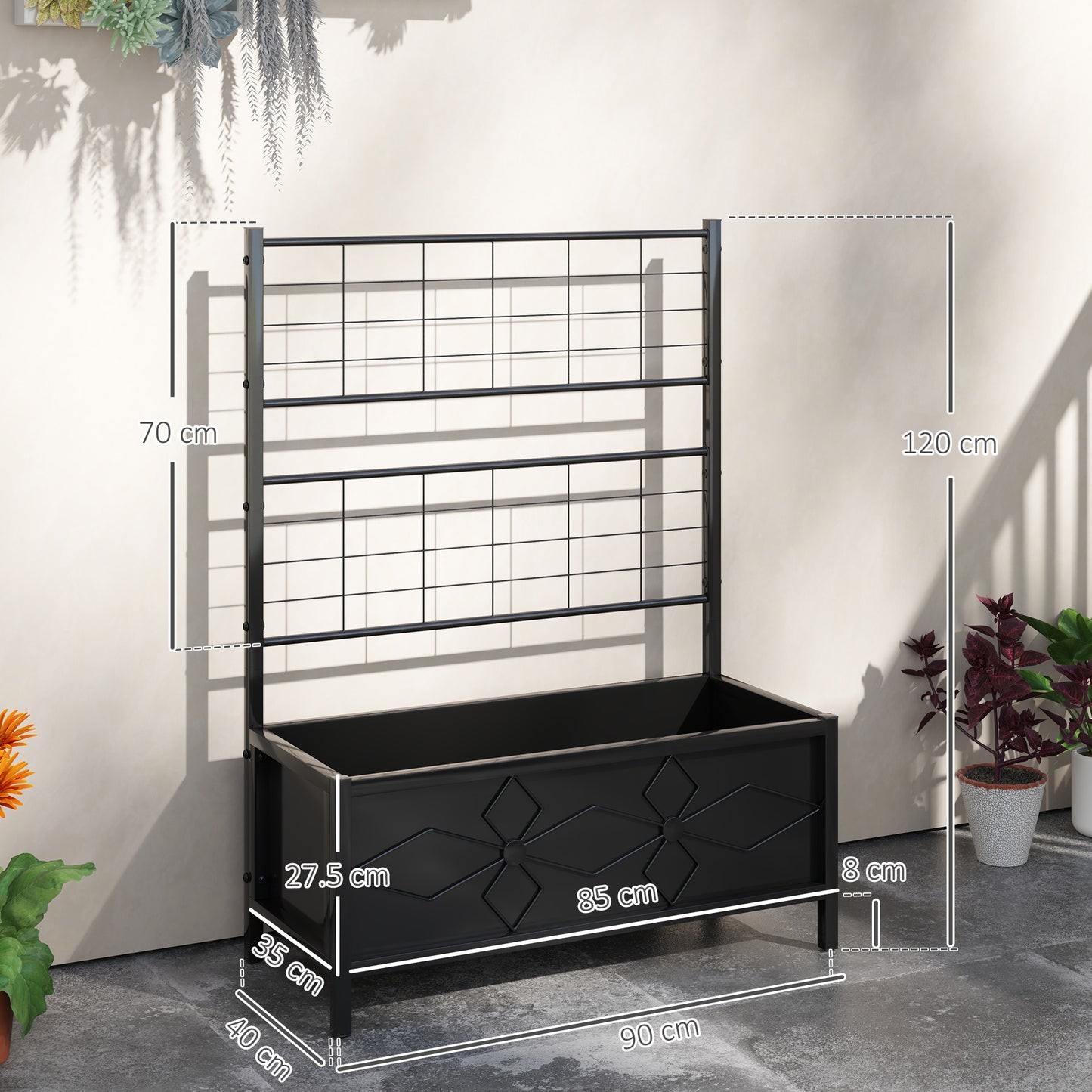 Metal Raised Garden Bed Planter Box with Trellis, 90 x 40 x 120 cm