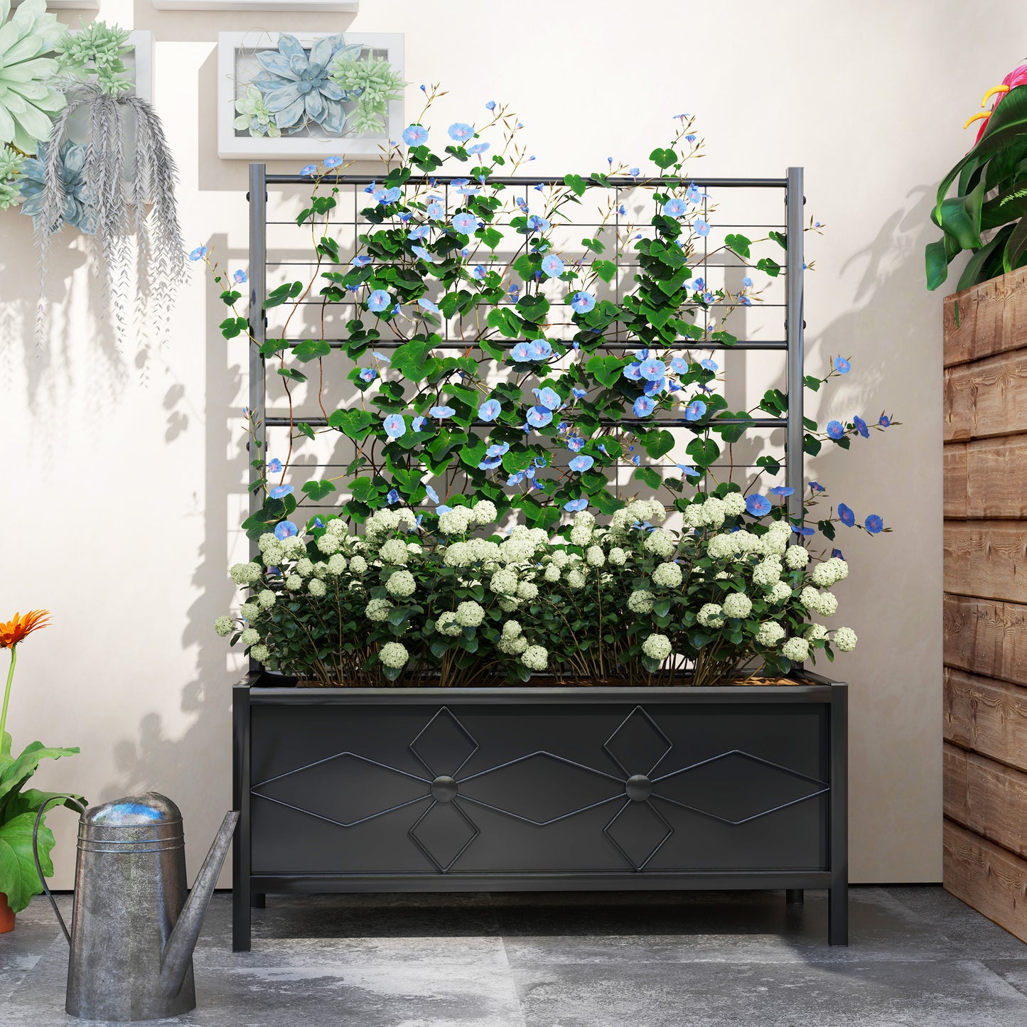 Metal Raised Garden Bed Planter Box with Trellis, 90 x 40 x 120 cm