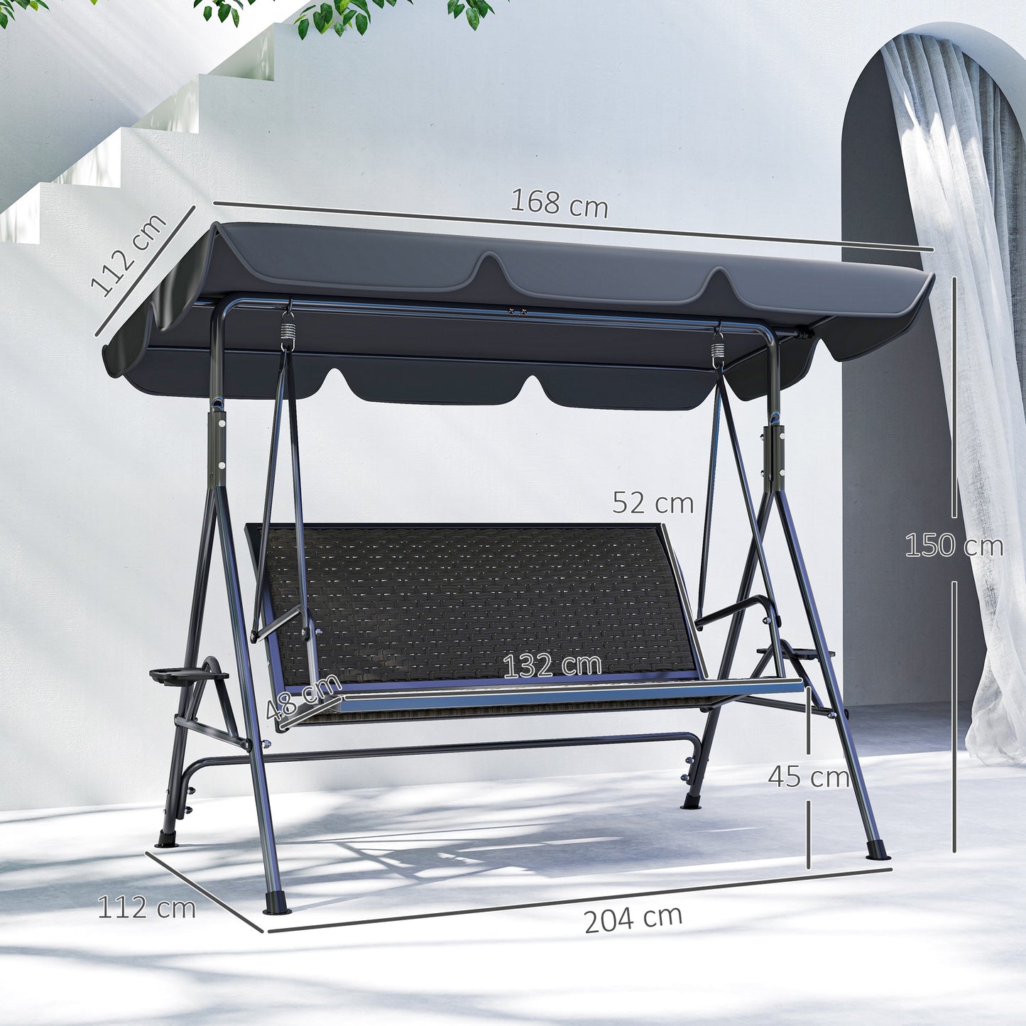 3 Seater Garden Swing Seat Bench w/ Adjustable Canopy, Grey