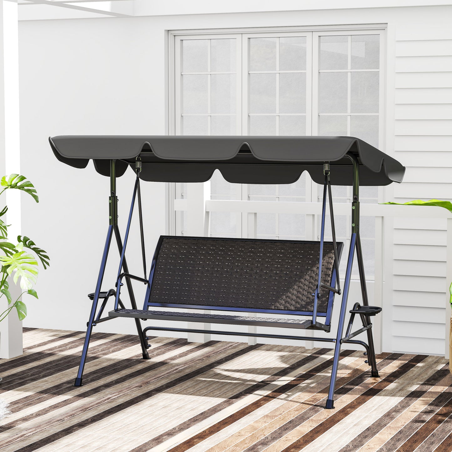 3 Seater Garden Swing Seat Bench w/ Adjustable Canopy, Grey