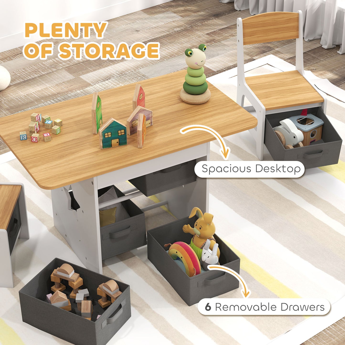 Kids Table and Chair Set with 6 Removable Drawers, Natural