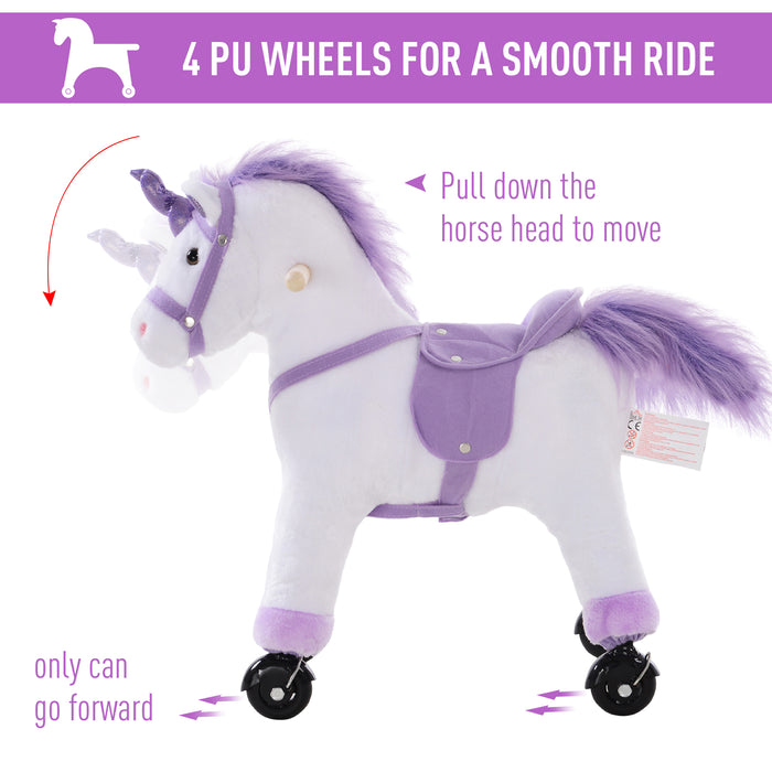 Four Wheel Sit-On Unicorn Horse Neigh Button Plush Safe Seat Handlebar Wood Frame