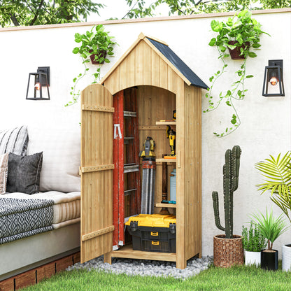 Wooden Garden Storage Shed with 3 Shelves, Outdoor Tool Storage Cabinet with Tilt Roof and Lockable Door, 77.5 x 54.2 x 179.5 cm, Natural