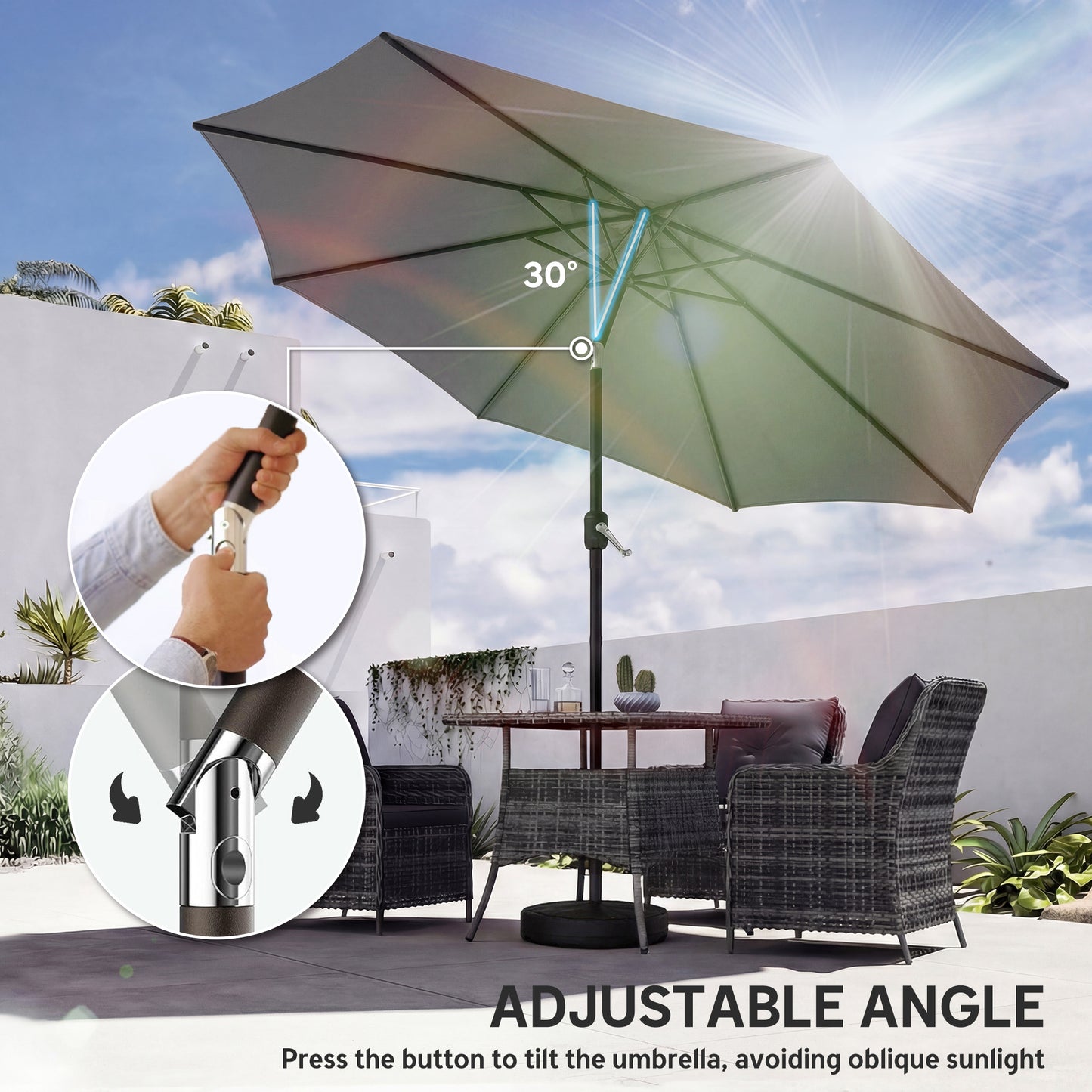 2.7 m Garden Parasol Umbrella with Cross Base, Sandbag, Light Grey