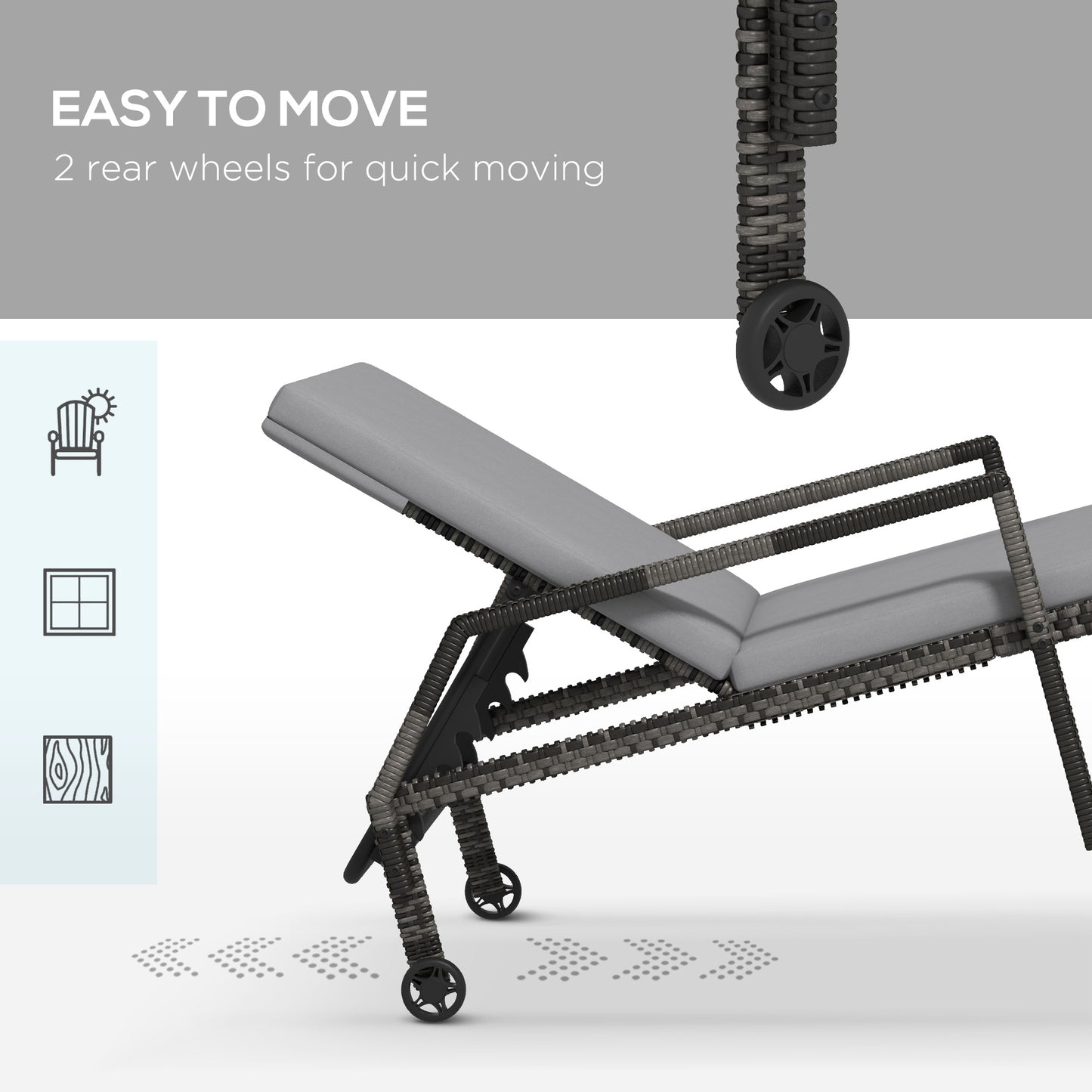 Outdoor Sun Lounger, Rattan Wicker Chaise Reclining with 5-Level Adjustable Backrest and 2 Wheels