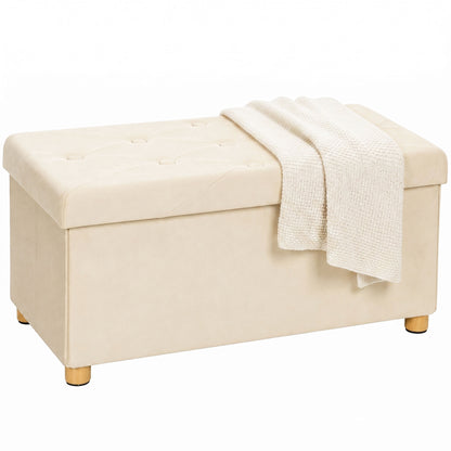 Velvet Upholstered Foldable Ottoman Footrest with Wood Legs, Cream