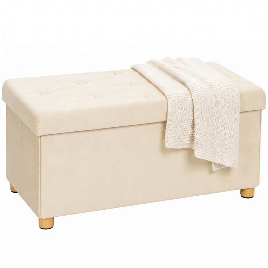 Velvet Upholstered Foldable Ottoman Footrest with Wood Legs, Cream