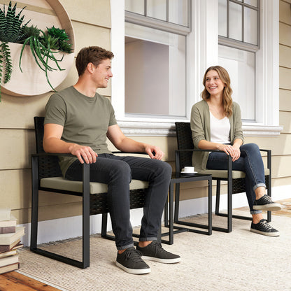 Rattan Bistro Set, 3 PCS Garden Furniture with Cushion, Khaki