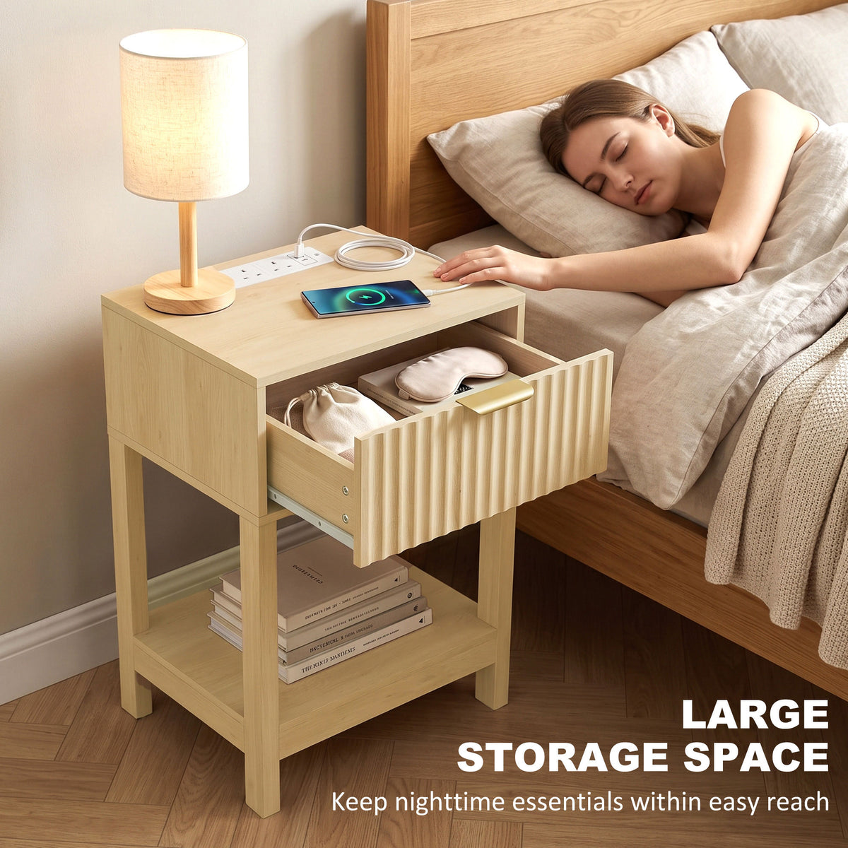 Set of 2 Fluted Bedside Tables with USB-C Charging Stations - Oak Effect