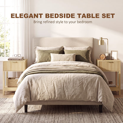 Set of 2 Fluted Bedside Tables with USB-C Charging Stations - Oak Effect