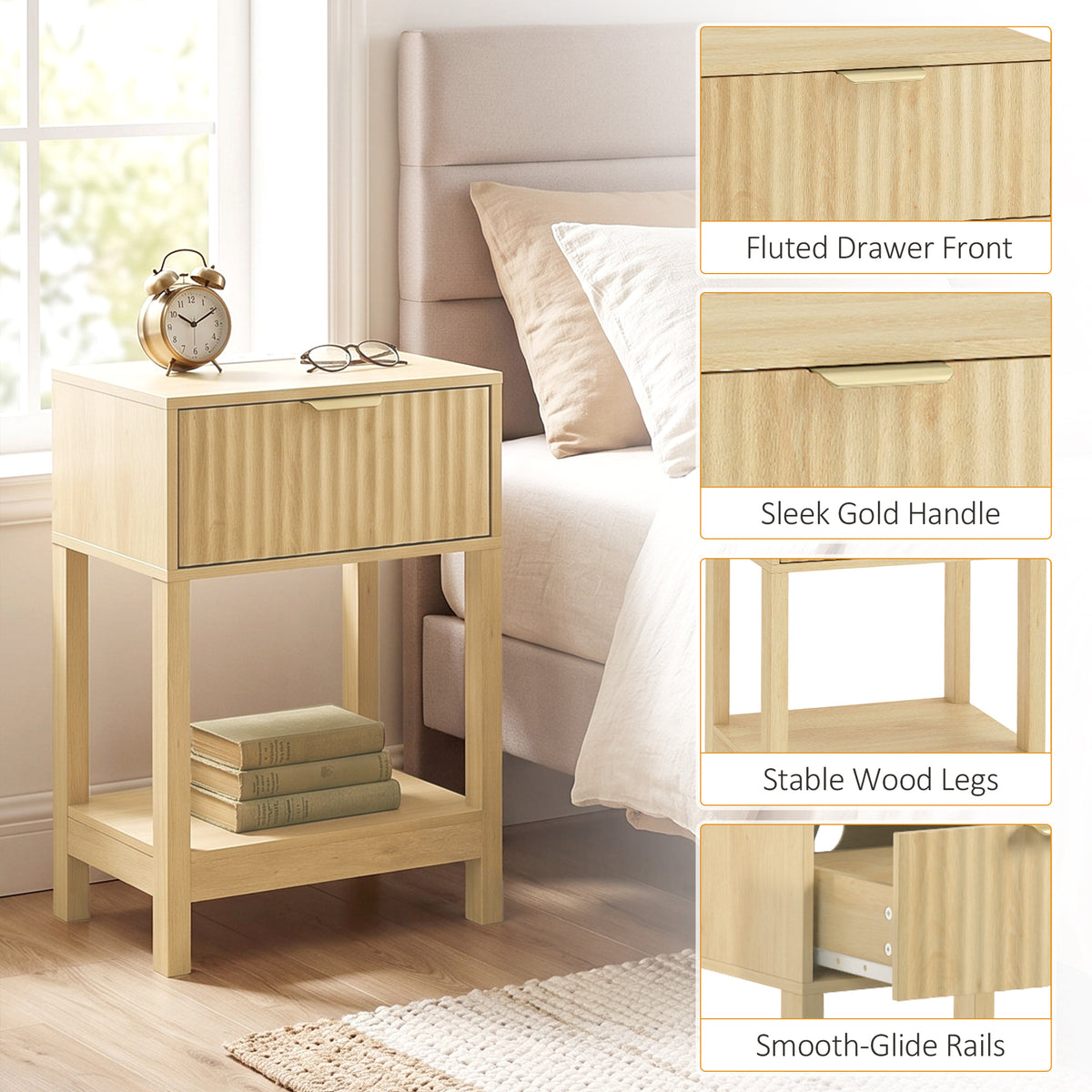 Set of 2 Fluted Bedside Tables with USB-C Charging Stations - Oak Effect