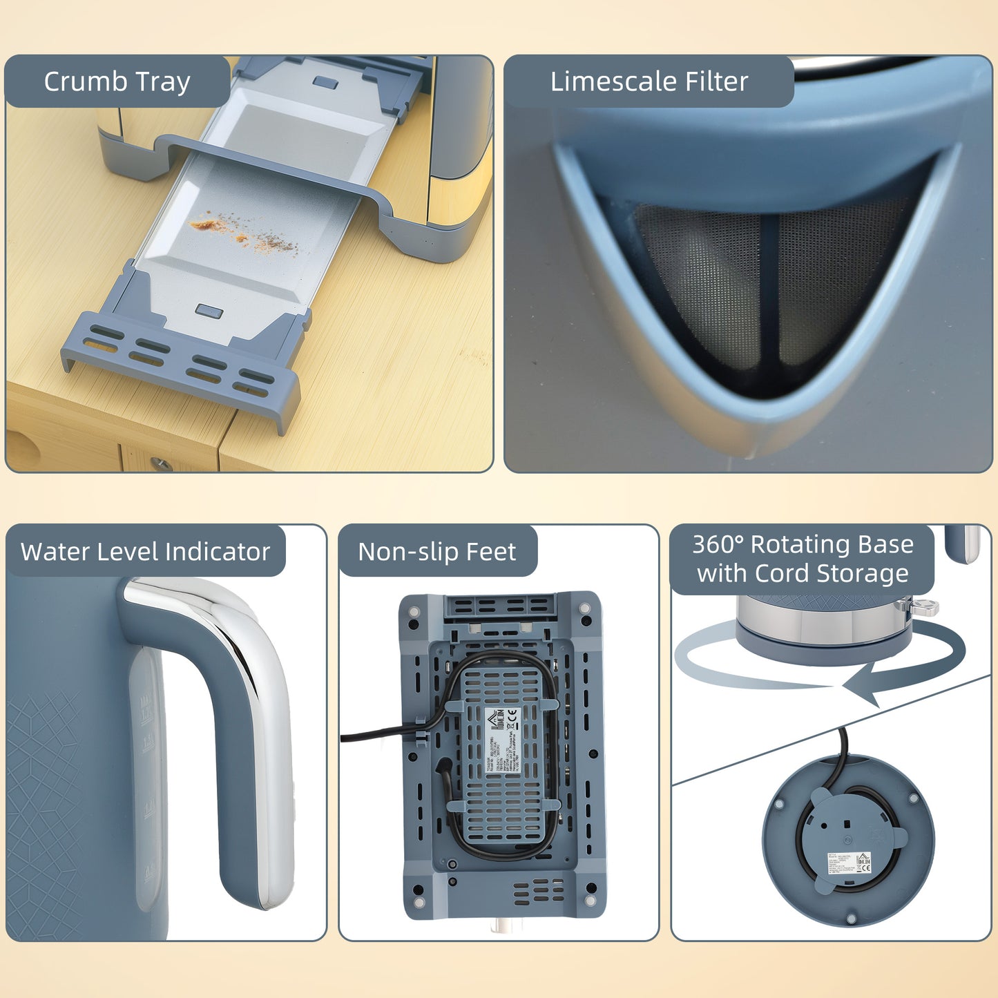 3000W Rapid Boil Kettle and Toaster Set with Otter Thermostat, Blue