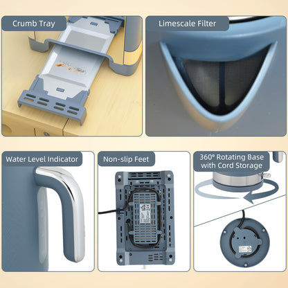 3000W Rapid Boil Kettle and Toaster Set with Otter Thermostat, Blue