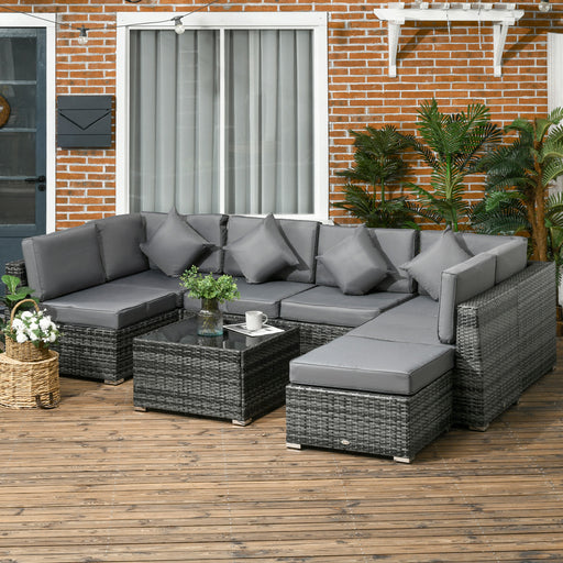 8 Pieces PE Rattan Corner Sofa Set Garden Furniture Set Patio Wicker Sofa Seater w/ Cushion Washable Cushion Cover Tempered Glass Table Grey