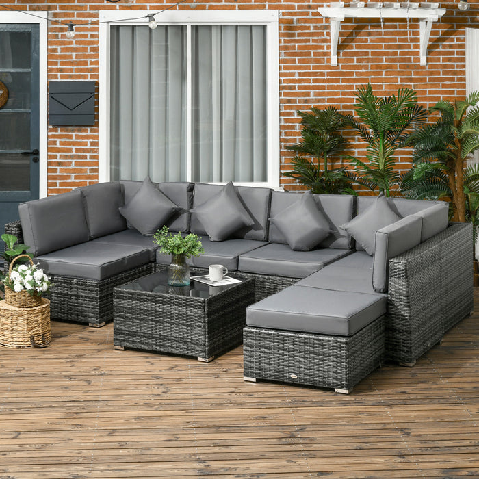 8 Pieces PE Rattan Corner Sofa Set Garden Furniture Set Patio Wicker Sofa Seater w/ Cushion Washable Cushion Cover Tempered Glass Table Grey