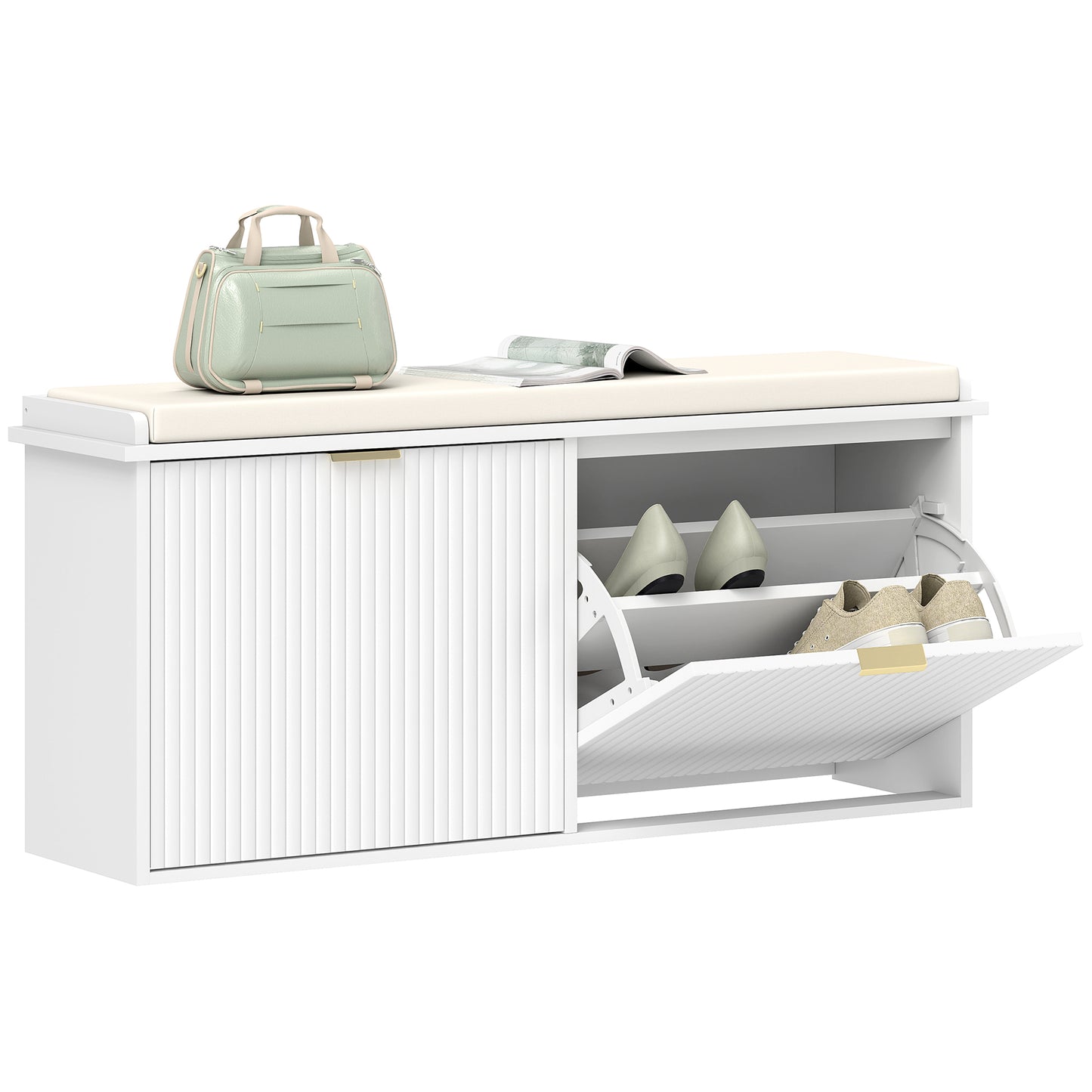 Shoe Storage Bench with Cushion and Flip-Drawer 104x26x47.5cm White