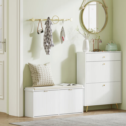 Shoe Storage Bench with Cushion and Flip-Drawer 104x26x47.5cm White