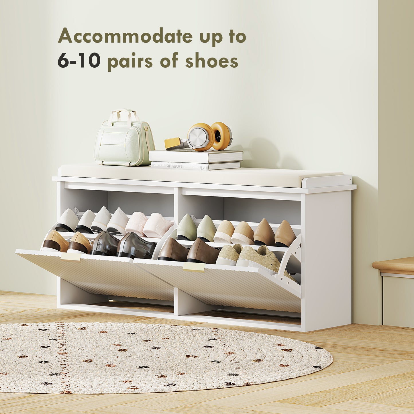 Shoe Storage Bench with Cushion and Flip-Drawer 104x26x47.5cm White
