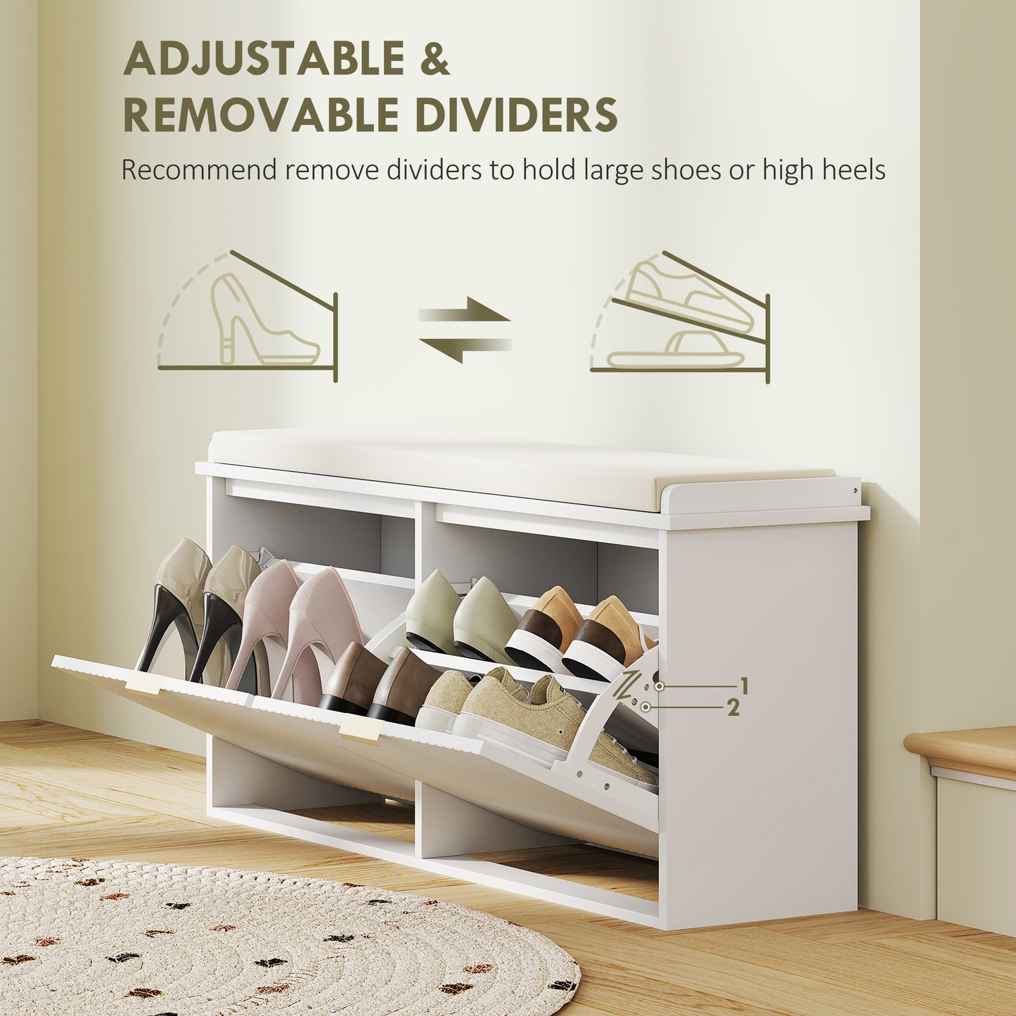 Shoe Storage Bench with Cushion and Flip-Drawer 104x26x47.5cm White
