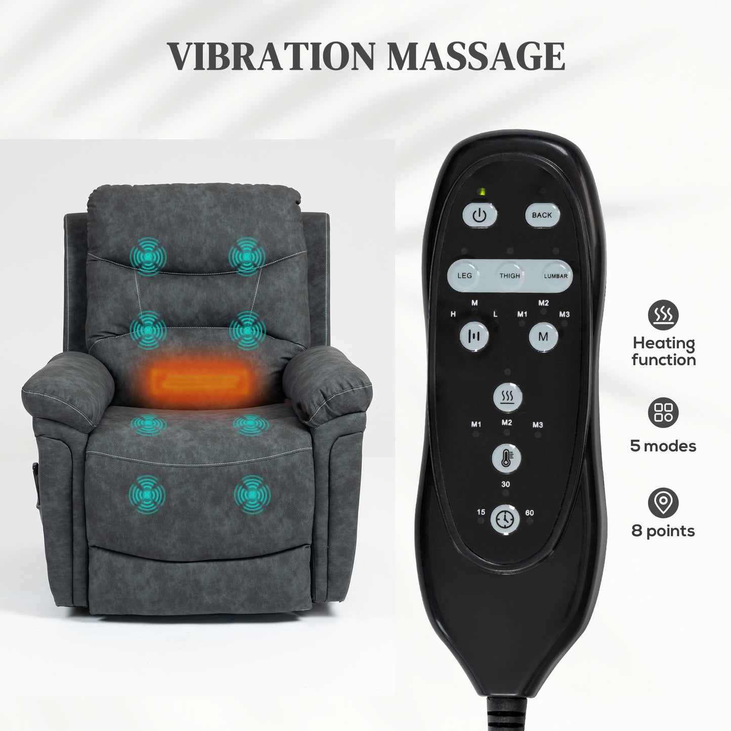 Massage Recliner Chair, Lift Chair with Heat, USB, Remote, Grey