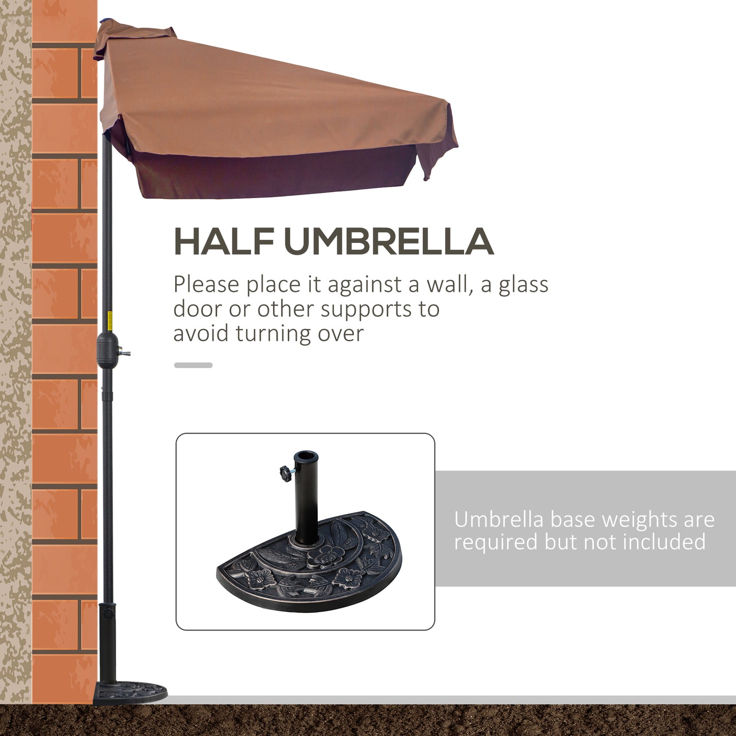 2.3m Patio Semi Round Half Parasol Umbrella with Metal Frame Crank Handle for Balcony- NO BASE INCLUDED, Brown