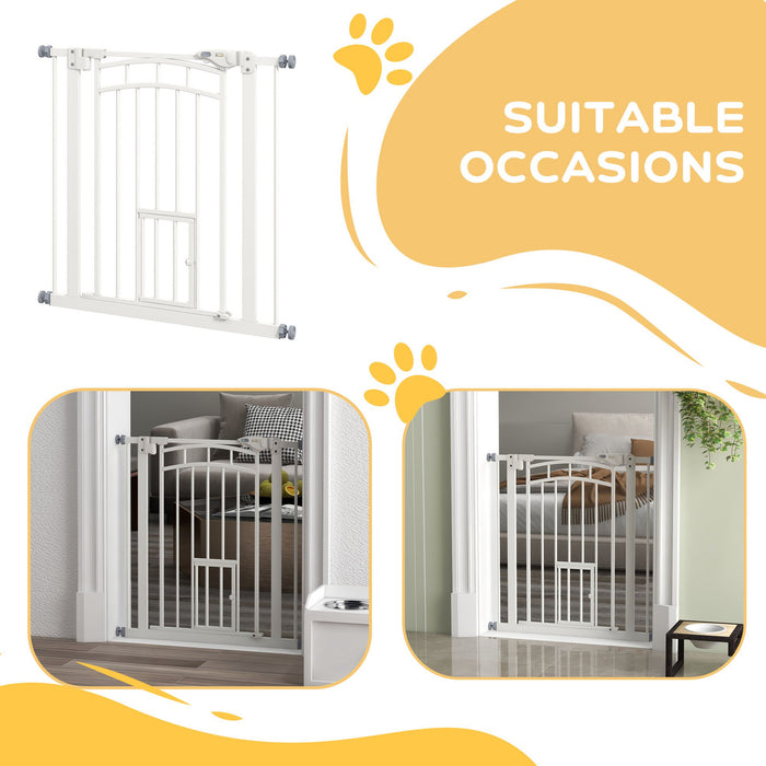 Pressure Fit Stair Gate, Dog Gate w/ Small Cat Door, Auto Closing System, Double Locking Openings, 74-80cm - White