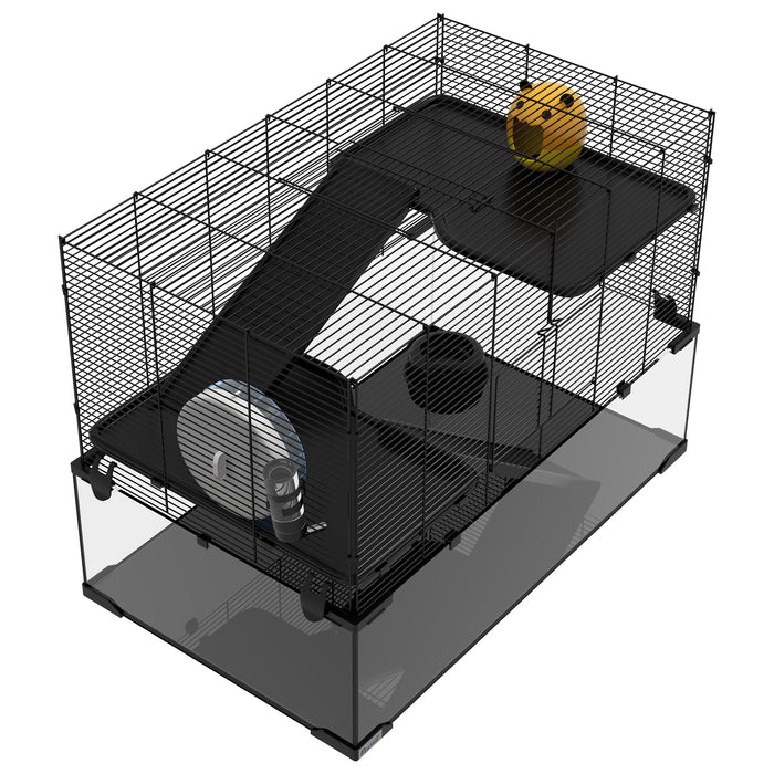 3 Tiers Hamster Cage, Gerbil Cage with Deep Glass Bottom, Non-Slip Ramps, Platforms, Hut Exercise Wheels Water Bottle for Syrian Dwarf Hamster