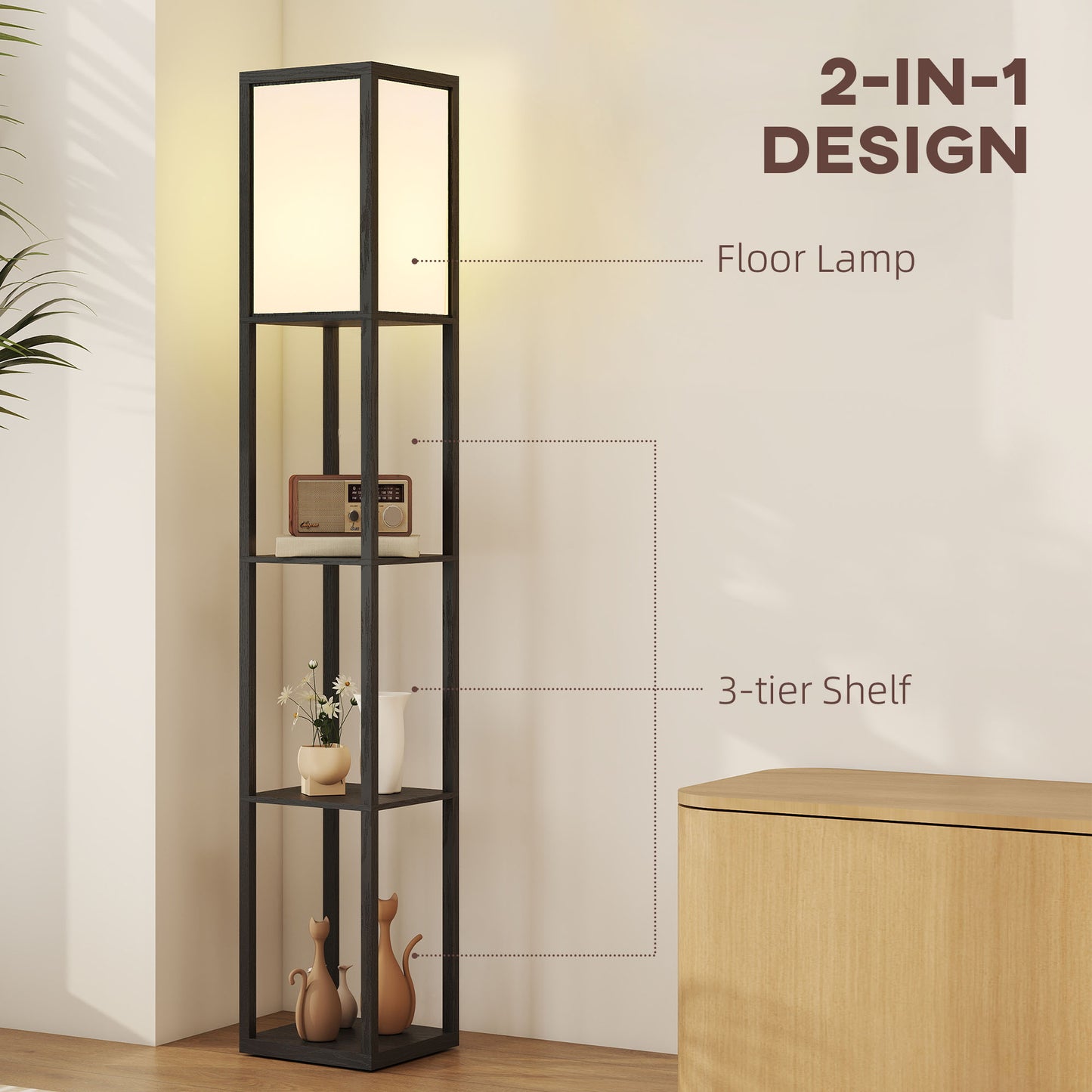 Floor Lamp with 3-Tier Storage Shelf for Home Office, Black