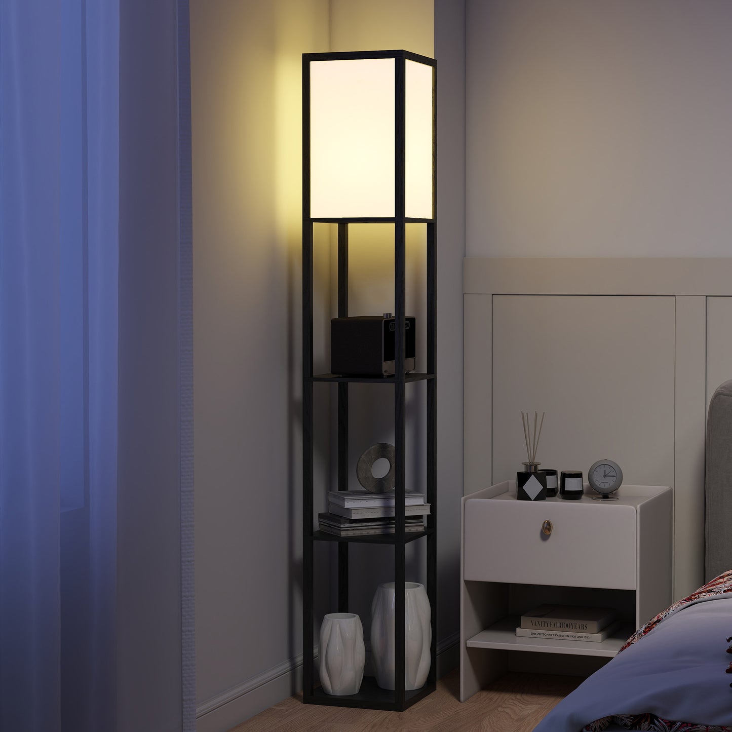 Floor Lamp with 3-Tier Storage Shelf for Home Office, Black