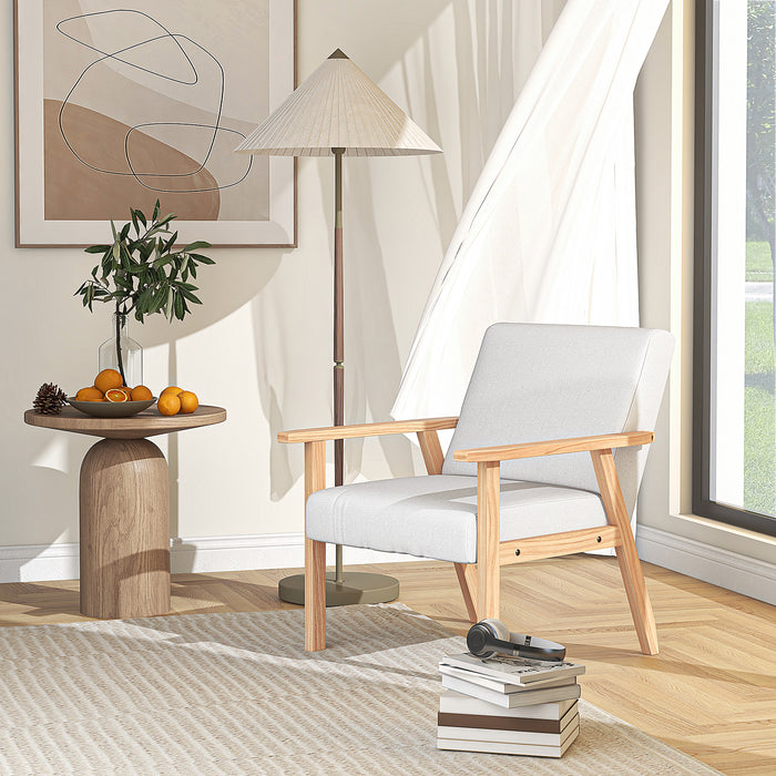 Accent Chair with Wood Frame Wide Seat Linen Armchair Cream White