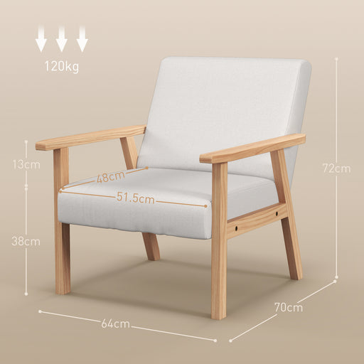 Accent Chair with Wood Frame Wide Seat Linen Armchair Cream White