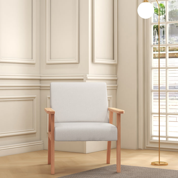 Accent Chair with Wood Frame Wide Seat Linen Armchair Cream White