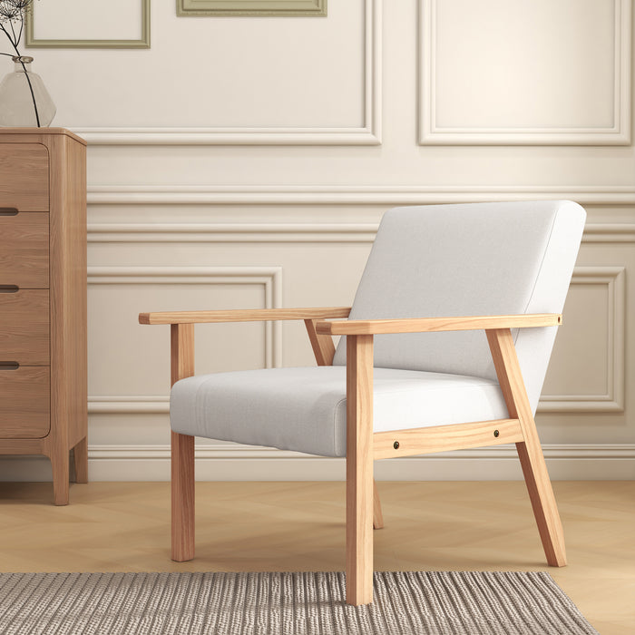 Accent Chair with Wood Frame Wide Seat Linen Armchair Cream White